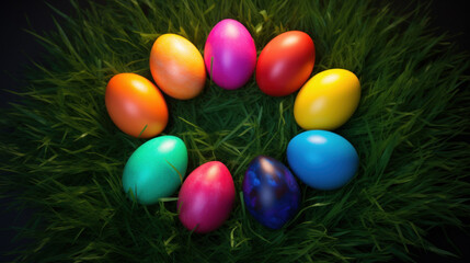 Fototapeta na wymiar Vibrant Easter eggs nestled in lush green grass, creating a festive and colorful holiday scene.