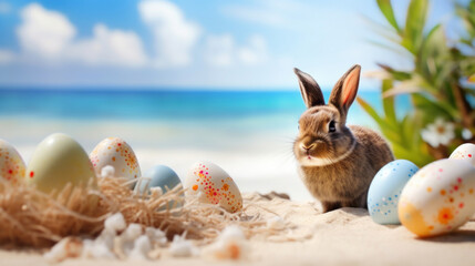 A cute brown bunny with a backdrop of tropical beach and colorful Easter eggs nestled in the sand.