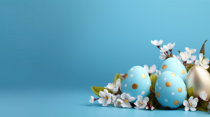 Pastel-colored Easter eggs adorned with polka dots, surrounded by delicate white spring blossoms against a light blue background.