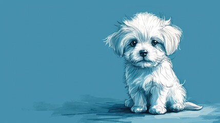  a small white dog sitting on top of a blue floor in front of a blue background with a small white dog sitting on top of it's legs.