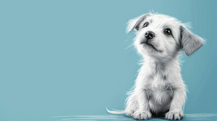  a small white dog sitting on top of a blue floor in front of a blue wall with a sad look on it's face. - obrazy, fototapety, plakaty