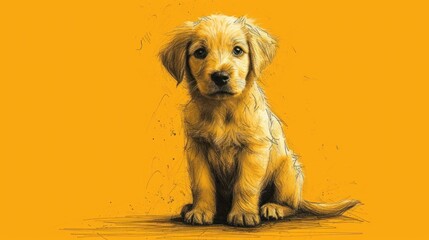  a drawing of a puppy sitting in front of a yellow background and looking at the camera with a sad look on his face.