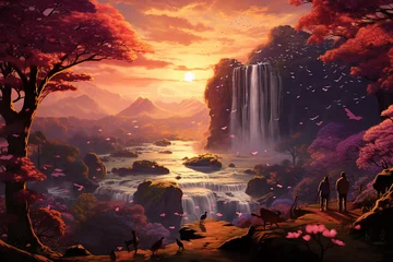 Foto op Canvas Beautiful landscape with sunset and waterfalls, surrounded by cherry blossom trees near Japan © Jacek