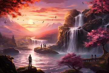 Beautiful landscape with sunset and waterfalls, surrounded by cherry blossom trees near Japan