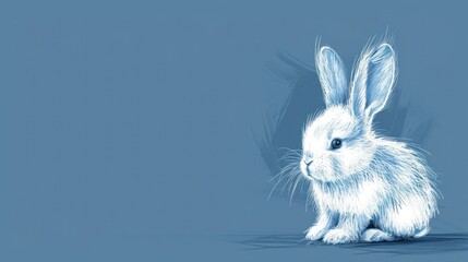  a drawing of a white rabbit sitting on top of a blue background with a shadow of its head on the ground.