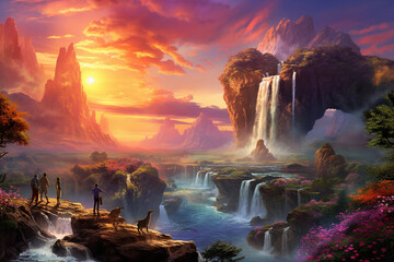 Fototapeta premium Beautiful landscape with sunset and waterfalls, surrounded by cherry blossom trees near Japan