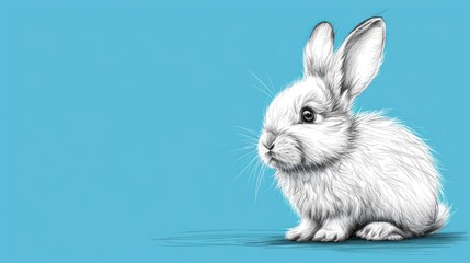  a black and white drawing of a rabbit on a blue background with a shadow of its head on the ground.