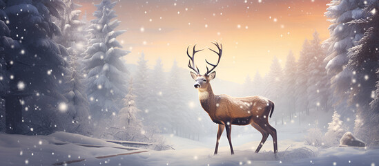 A deer with antlers in the snow. Majestic Winter Deer
