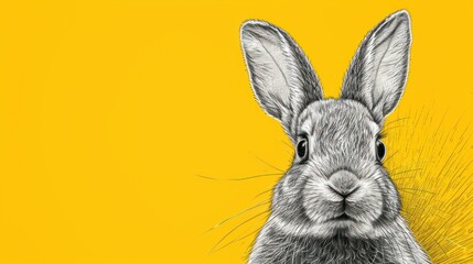  a black and white drawing of a rabbit's face on a yellow background with a black and white drawing of a rabbit's head.