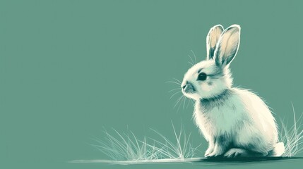  a painting of a white rabbit sitting on the ground with grass in the foreground and a blue sky in the background.