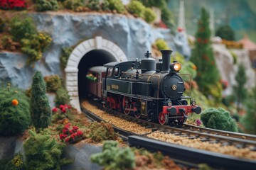 black and white steam locomotive with a prominent headlight is pulling brown passenger carriages