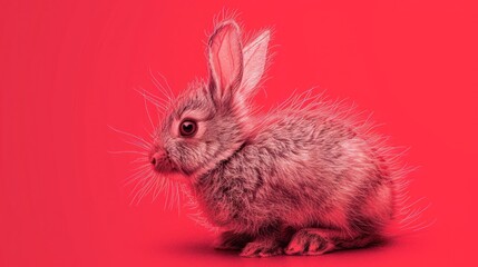  a small gray rabbit sitting on top of a red floor next to a red wall and looking at the camera.