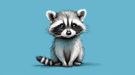  a drawing of a raccoon sitting on a blue background with a black and white drawing of a raccoon.