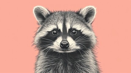  a close up of a raccoon's face on a pink background with a black and white drawing of a raccoon.