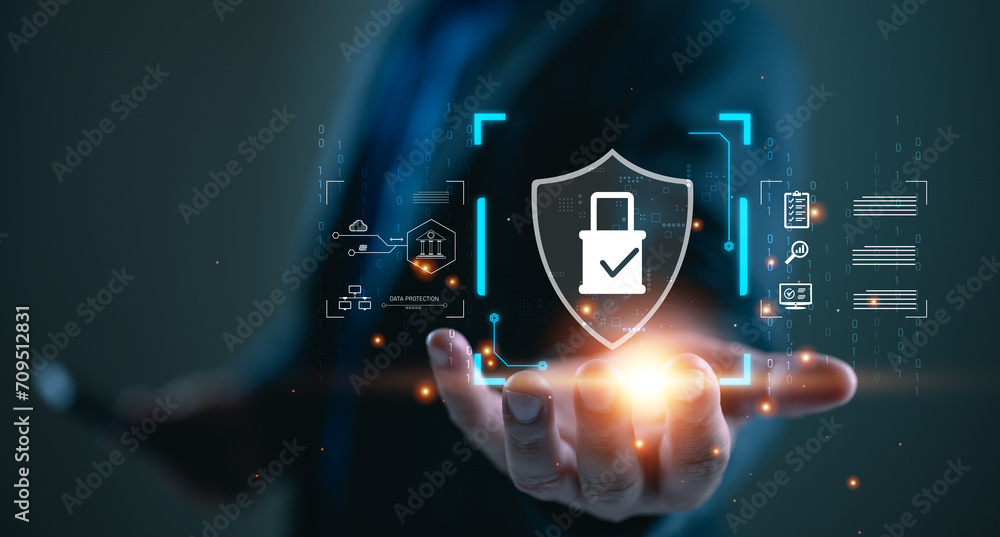 Poster Cybersecurity, network security system. Develop software, data protection from hacker, protect the critical information, Information and cybersecurity Technology Services. Internet Technology.