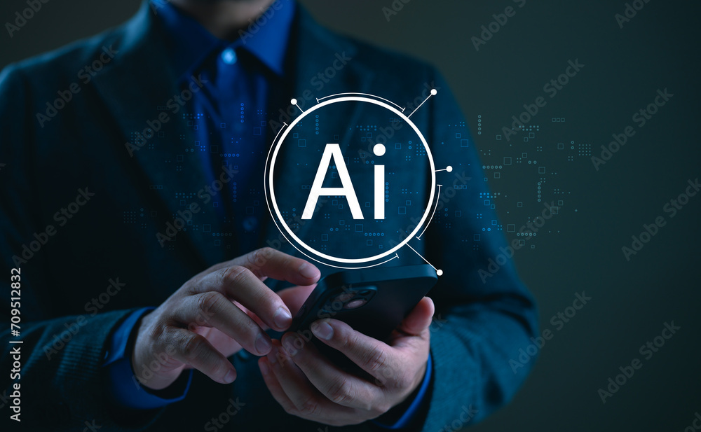 Fototapete technology and people concept man use ai to help work, ai learning and artificial intelligence conce