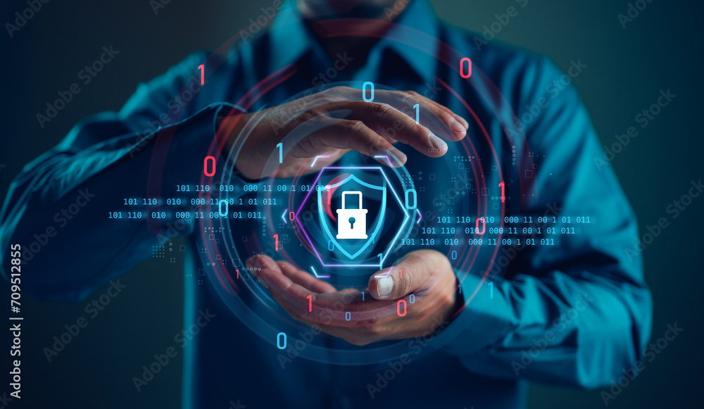 Poster Cybersecurity, network security system. Develop software, data protection from hacker, protect the critical information, Information and cybersecurity Technology Services. Internet Technology.