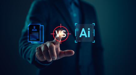 AI vs human competition, Division of labor between humans and AI, Human jobs are being replaced by AI technology, AI Learning and Artificial Intelligence Concept. Business, modern technology.