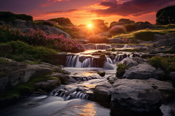 Beautiful landscape with sunset and waterfalls, surrounded by cherry blossom trees near Japan