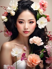 Portrait of beautiful asian women spa beuty shoot, black hair, tshirt model posing in white background, 