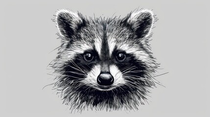  a black and white drawing of a raccoon's face with a sad look on it's face.