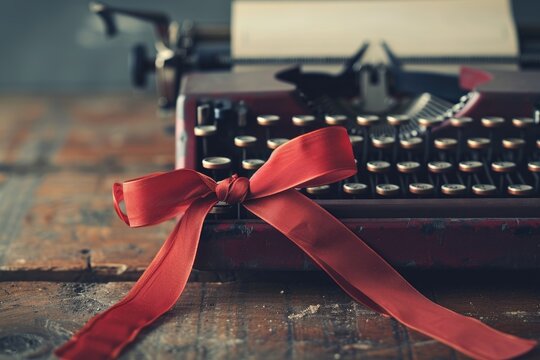 classic black typewriter on the left and a glossy red satin ribbon