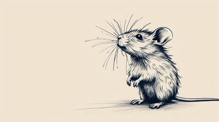  a black and white drawing of a rat on a beige background with the words, the rat on the right side of the image.