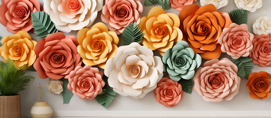 3D, Floral, Craft, Wallpaper, Orange Rose, Green Flowers, Yellow Flowers, Light Background, Kids Room, Wall Decor, Home Decoration, 3D Floral Art, Rose Wallpaper, Children's Room, Colorful Flowers, 