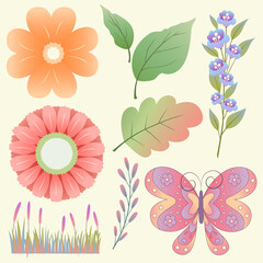 Vector set of multicolored clipart flowers and bouquets.