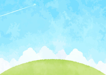 のどかな丘と青空の風景イラスト