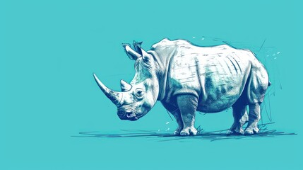  a drawing of a rhinoceros standing on a blue background with a white rhinoceros in the foreground.