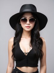 Fototapeta na wymiar Portrait of beautiful asian women, long black hair, tshirt model posing in white background, 