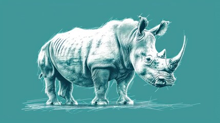  a drawing of a rhinoceros is shown on a teal background with a white outline of the rhinoceros.