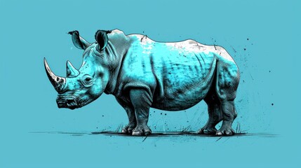 a drawing of a rhinoceros on a blue background with a bird perched on top of the rhinoceros.