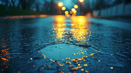 Oil-slicked asphalt road shimmering under streetlights, highlighting the interaction between urban elements and the environment. - obrazy, fototapety, plakaty