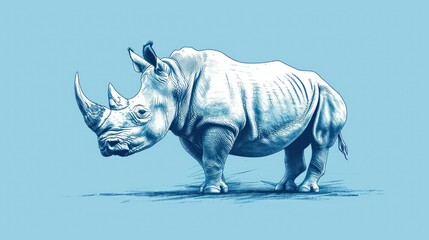  a drawing of a rhinoceros on a light blue background with a white rhinoceros in the foreground.