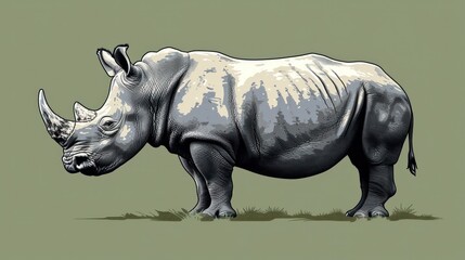  a drawing of a rhinoceros standing on a grass field with its head turned to look like a rhinoceros.