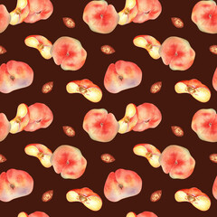 Watercolor seamless pattern with fig peaches and slice isolated on dark background. Whole ripe and half fruits. Chines peaches hand drawn. Design element for package, textile, wrapping paper, fabric