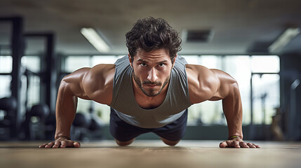 Fit and muscular man exercising with pushups in a modern gym
