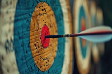 close-up view of an archery target with an arrow precisely hitting the bullseye