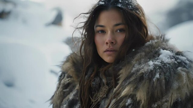 In a snowy landscape, a tribeswoman wrapped in furs exudes strength and adaptability, symbolizing her peoples mastery of surviving in harsh climates.
