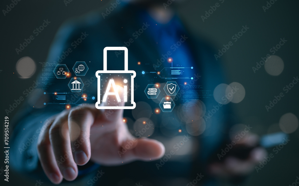 Poster cybersecurity by ai, network security system. develop software, data protection from hacker, protect