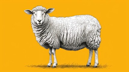  a black and white sheep standing on top of a grass covered field in front of a yellow background on a yellow background.