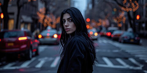 Portrait of a young woman in a cityscape