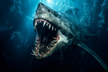Great white shark with open mouth. Watch out sharks. Marine dangerous predator. - obrazy, fototapety, plakaty