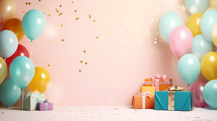Party balloons, birthday decoration background, anniversary, wedding, holiday with space for text