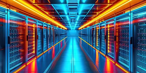 Futuristic data hub. High tech server room with advanced networking computing hardware and cutting edge technology ideal for illustrating backbone of digital infrastructure and information storage