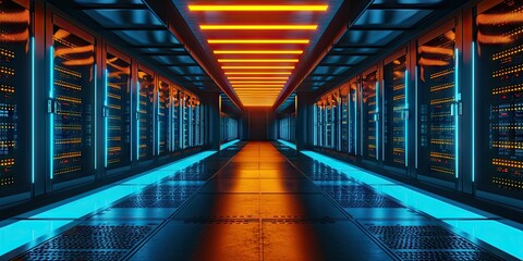 Futuristic data hub. High tech server room with advanced networking computing hardware and cutting edge technology ideal for illustrating backbone of digital infrastructure and information storage