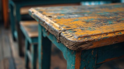 Stained and scratched school desk, etched with doodles and ink marks, reflecting generations of learning and student life.