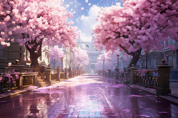Cherry blossom landscape with trees and a pink look, spring awakening in Japan